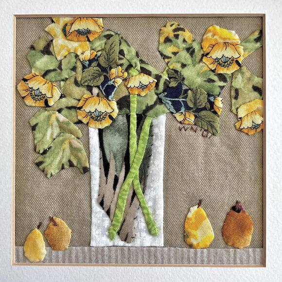 Fabric Collage by Wilda Northrop Yellow Flowers & Pear Signed Textile Art Floral - Picture 9 of 16